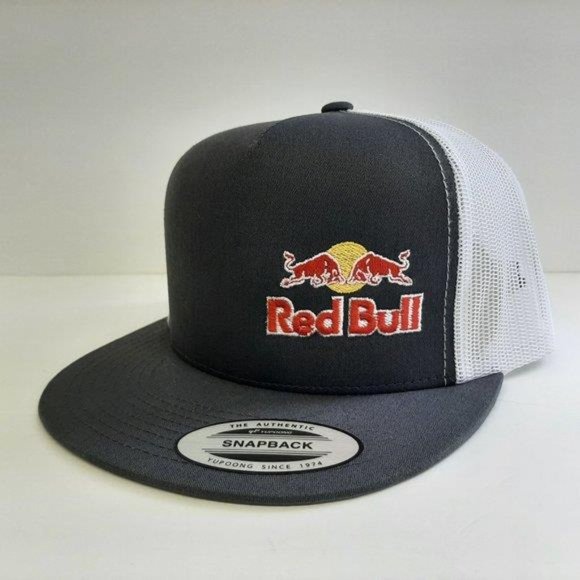 Red Bull Flat Bill Mesh Snapback Black Hat Cap Embroidered Logo - Picture 2 of 4